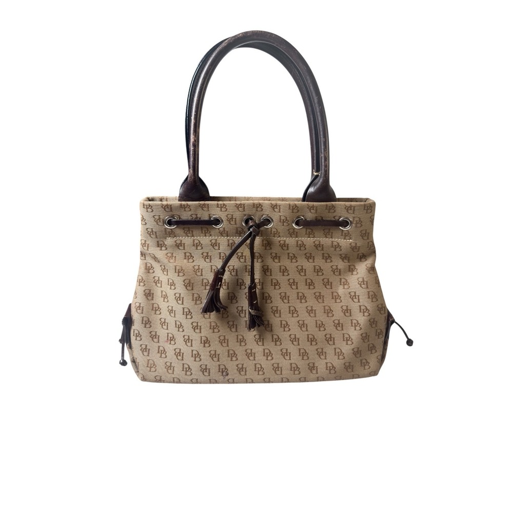 Dooney & Bourke Monogram Tote Bag Women Medium Tan‎ Brown Drawstring Tassel Y2K